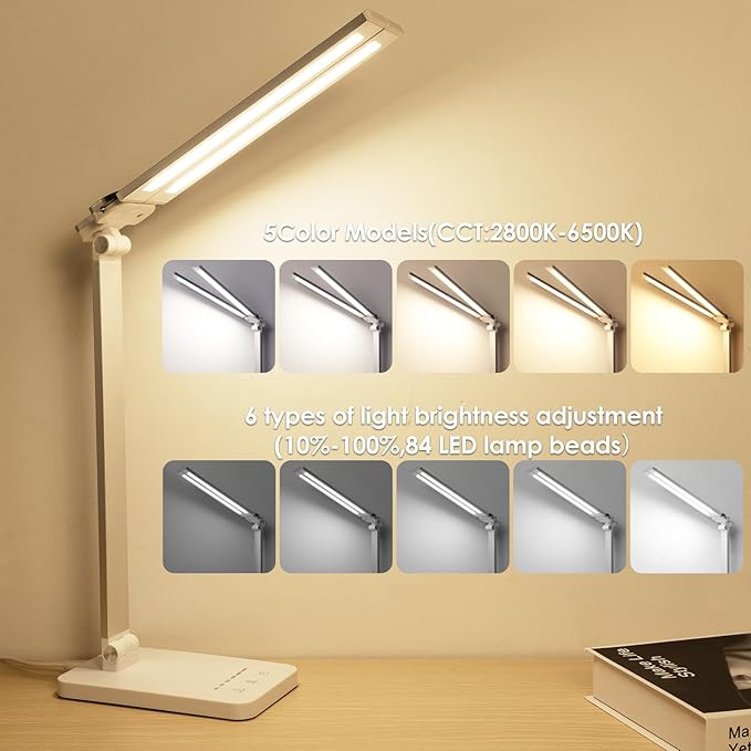 LAOPAO LED Desk Lamp, Dual Head Desk Light, 5 Levels Dimmable & 3 Color Modes Eye-Caring Table Light with USB Charging Port, Table Lamp for Reading, Studying, Home Office,White