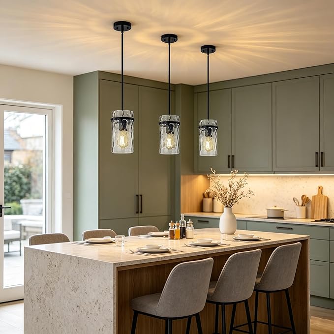 2 Pack 5.5" Black Hammered Hand-Blown Glass Pendant Light Farmhouse Black Pendant Light, Hammered Glass Light Pendant for Dining Room Light Adjustable Pendant Lighting Over Sink