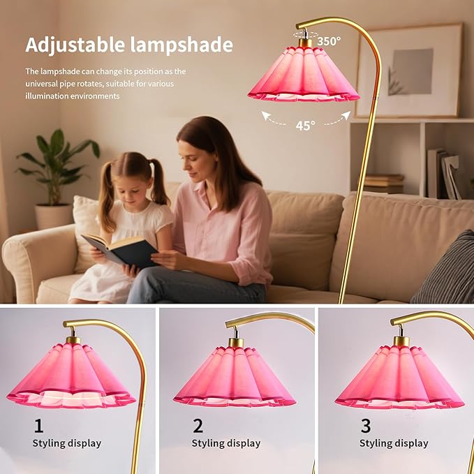 Floor Lamp with Pleated Linen Lampshade, Modern Flower Floor Lamp for Living Room Arc Standing Lamp, Gold Tall Lamp for Bedroom Office Dining Room, Bulb Included (Gold + Pink Color, 66.1IN)