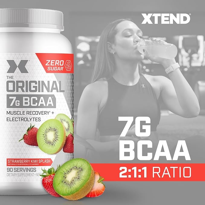 Xtend Original BCAA Powder, 7g BCAAs and 2.5g L-Glutamine for Muscle Recovery Hydration and Lean Muscle, Sugar Free Intra and Post Workout Drink with Electrolytes, Strawberry Kiwi Splash, 90 Servings
