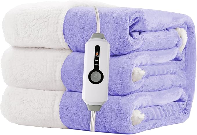 Electric Heated Blanket Twin Size 62"x84" – ETL Certified for Safe Overnight, 4 Heat Settings & 10H Auto Off, Dual-Sided Microplush Sherpa for Home Theater Night, Machine washable – Light Purple