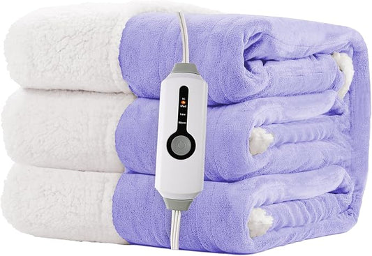 Electric Heated Blanket 50"x60" Throw Size for Safe All Night Rest, Dual-Sided Microplush Sherpa for Bedroom Couch Use, 4 Heat Settings & 3 Hours Auto Off, Machine Washable - Light Purple