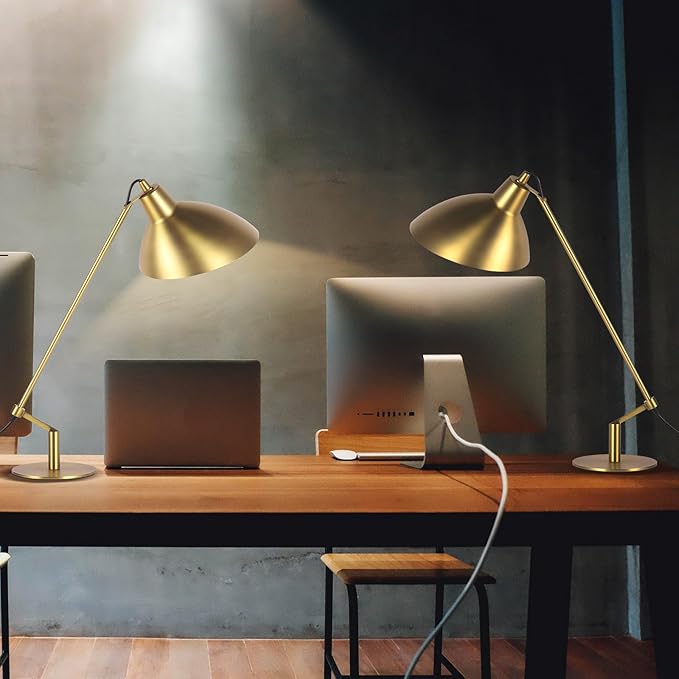 Desk Lamp Modern Industrial 100% Metal Adjustable Table Lamp 24", Natural Light (4000K) with Dimmer, Ideal for Office Bedroom Study Room Living Room Nightstand Bedside Lamps Brass