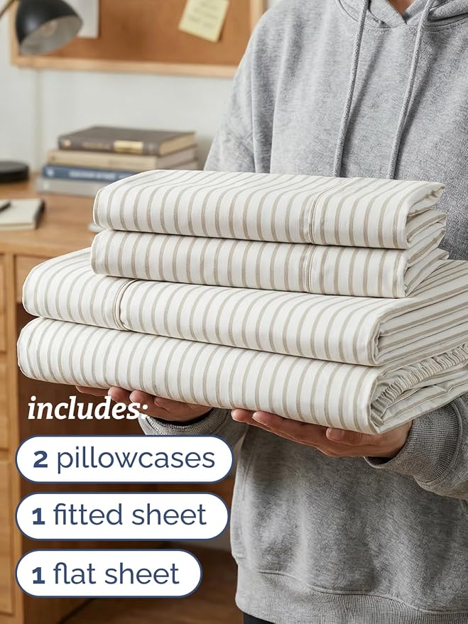 Twin XL 4 Piece Sheet Set - Comfy Breathable & Cooling - Soft Hotel Luxury Bedding Set w/ 8-16 Inch Deep Pockets - 1 Flat & 1 Fitted Sheet & 2 Pillowcases - Wrinkle Free & Easy Care - Beige Stripes 2
