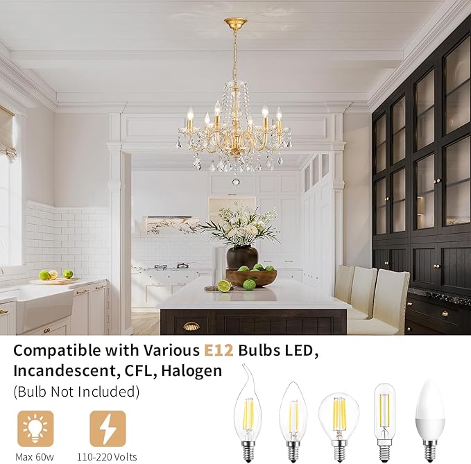 Crystal Chandelier Light Fixture, Modern K9 Crystal Chandeliers for Dining Room, 6-Lights Gold Ceiling Light, Adjustable Hanging Pendant Light Fixture for Living Room Entryway Kitchen Island Hallway