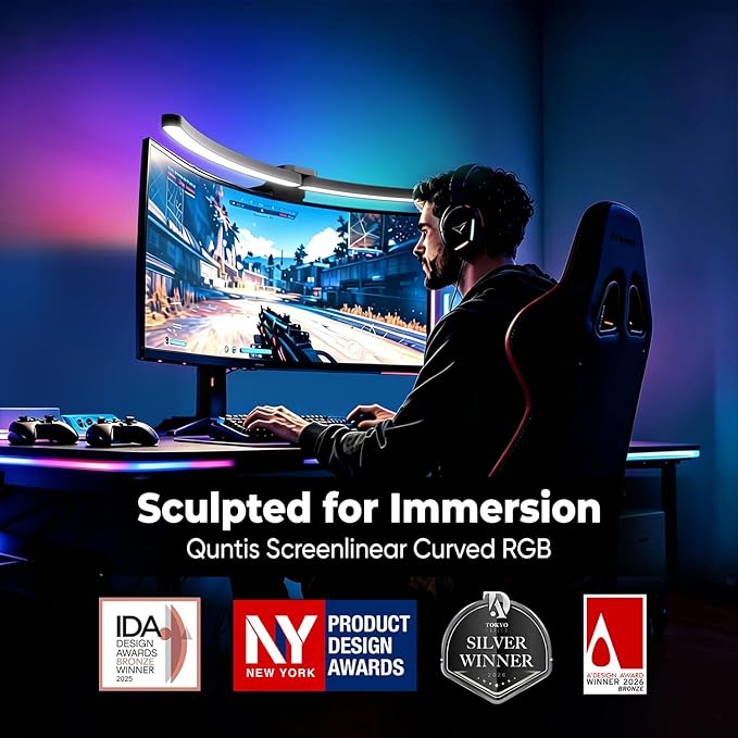 Quntis Curved Monitor Light Bar 15 RGB Backlight for 34"+ Screens, Computer Bar Lights Foldable Dual Light with Color Temperature Brightness Stepless Dimming, No Glare Desk Lamp for Home Office Gaming