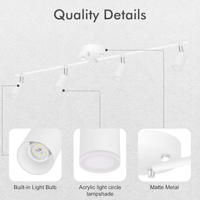 AUQUEE 4 Light Track Lighting Fixtures Ceiling, 16W/2700K White Track Lighting with Acrylic Lampshade & Rotatable Light Heads, 20000hrs Lifespan, Modern LED Track Lights Ceiling for Kitchen/Hallyway