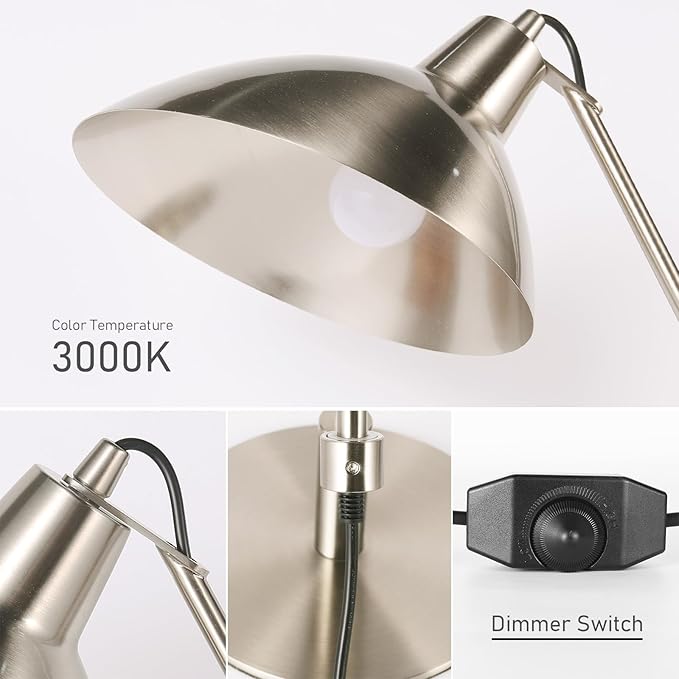 Desk Lamp Modern Industrial 100% Metal Adjustable Table Lamp 24", Natural Light (4000K) with Dimmer, Ideal for Office Bedroom Study Room Living Room Nightstand Bedside Lamps Nickel