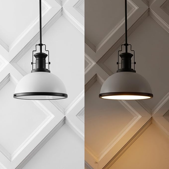 JONATHAN Y 13" Matte Black/White Modern Industrial Iron LED Dome Pendant Light, Adjustable Hanging Fixture for Kitchen Island or Entryway, White Metal Shade, LED Bulb Included (JYL9536E)