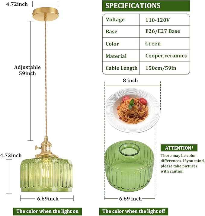 Shenmoyl Pendant Light 2 Pack with Green Striped Glass Lmapshade, Brass Vintage Pendant Light Adjustable Hanging Light for Kitchen Island Dining Room Hallway