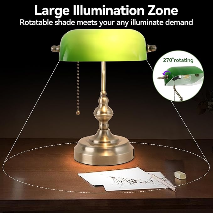 Green Glass Banker's Desk Lamp, Antique Banker Desk Lamps with USB Charging Port, Traditional Library Lamp, Vintage Desk Lamp Green Shade for Office Study Room, Pull Chain Switch