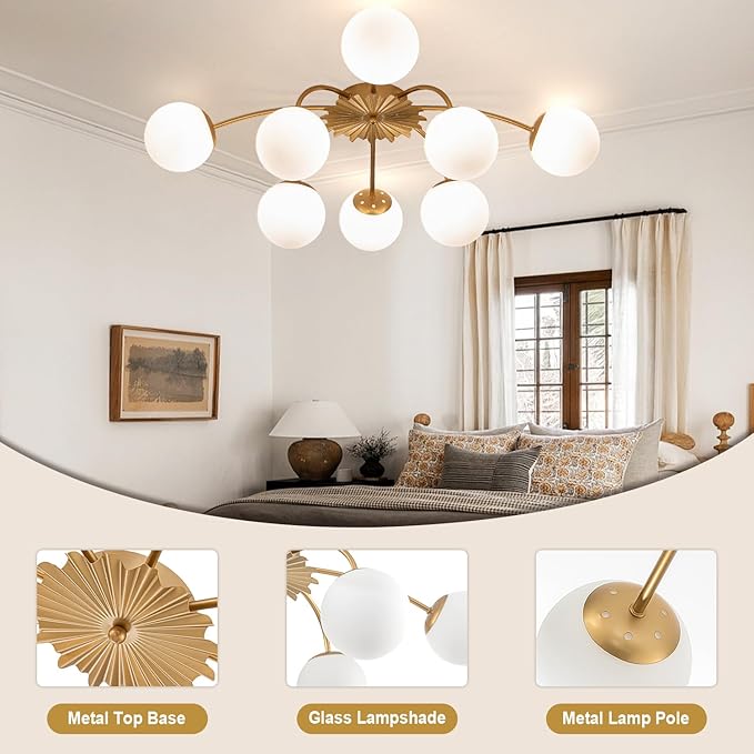 8-Light Milk Glass Pendant Light, 33" Sputnik Bubble Glass Chandelier Light Fixture, Hand Blown Semi Flush Mount Ceiling Chandeliers Lighting for Dining Room, Living Room (Gold, 8-Light Ceiling)