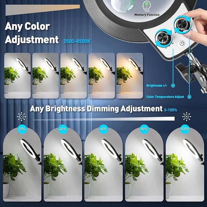 KIRKAS 12X Magnifying Glass with Light and Stand, Any Color Modes & Stepless Brightness LED Magnifying Lamp with Clamp, 2-in-1 Magnifier Glass Lens Desk Lamp for Reading(12X&30X Ring Base & Clamp)