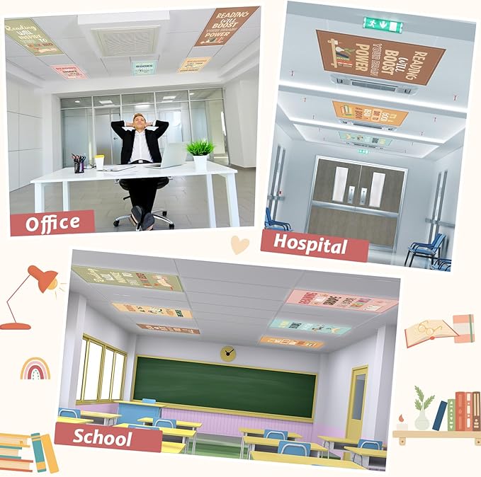 8 Pcs Fluorescent Light Covers with 60 Magnets Decorative for Classroom Ceiling Light 4 x 2 Feet Magnetic Light Covers Filter Easy Install for Office Hospitals & Home Drop Ceiling Supplies(Reading)