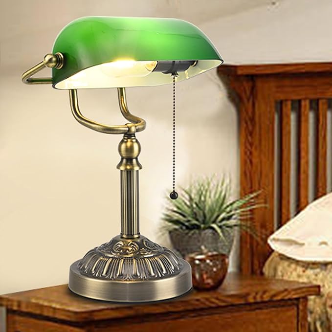 Bankers Desk Lamp with USB-A Charging Port, Vintage Desk Lamps with Pull Chain Green Glass, Antique Brass Banker's Lamp for Home Office Library
