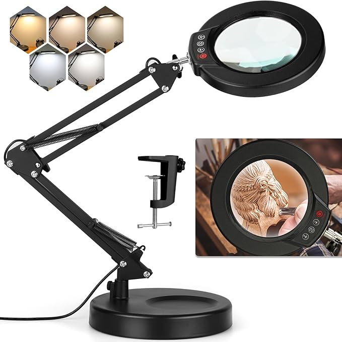 12X Magnifying Glass with Light, Krstlv Upgrade Button 5 Color Modes Stepless Dimmable 2-in-1 LED Lighted Desk Lamp & Clamp, Hands Free Magnifier with Light and Stand for Craft Hobby Repair Close Work
