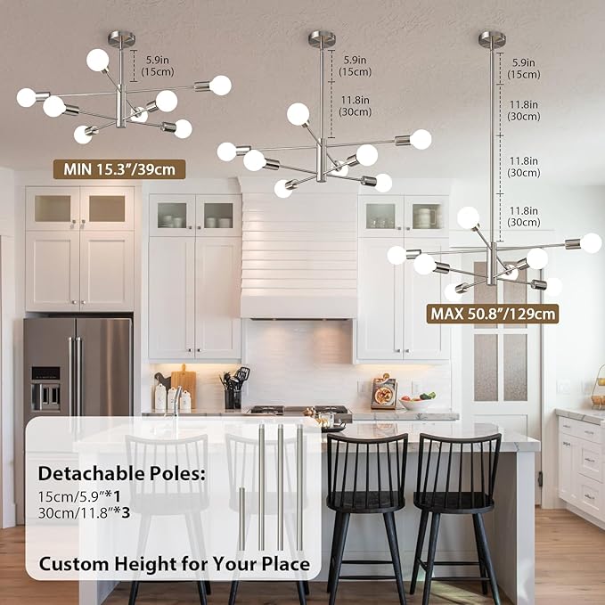 KAISITE Modern Chandelier Ceiling Light Fixture Brushed Nickel Sputnik Chandeliers for Bedroom Living Room 8-Light Height Adjustable Dining Room Farmhouse Chandelier Over Table Hanging Kitchen Light
