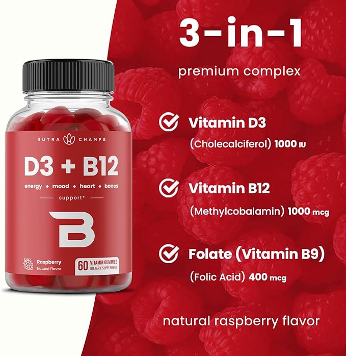NutraChamps ビタミンD3 & B12、成人・子供用メチルB12グミ、ビタミンD3 & B9葉酸配合、天然エネルギー、気分、代謝、集中力、ラズベリー、120グミ（2個パック）