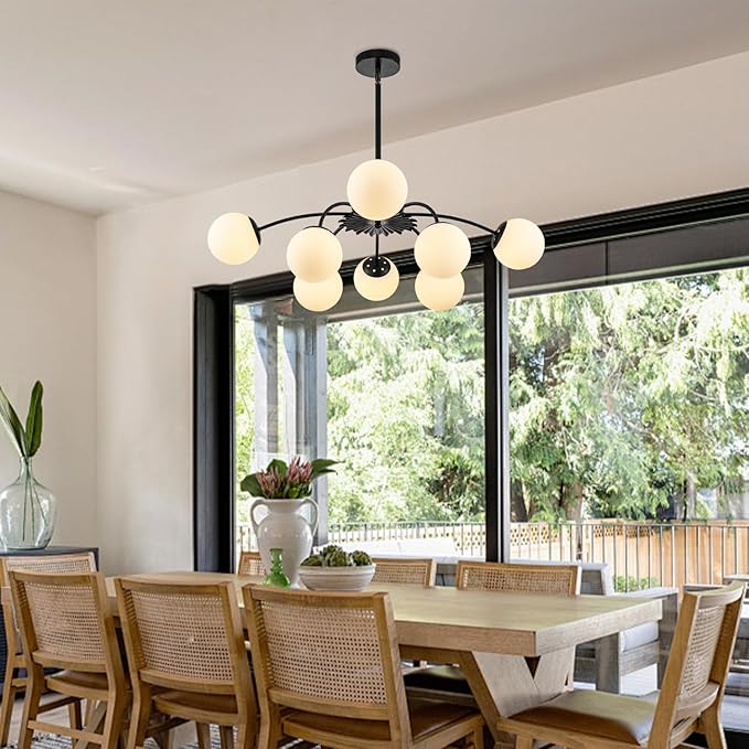 8-Light Milk Glass Pendant Light, 33" Sputnik Bubble Glass Chandelier Light Fixture, Hand Blown Semi Flush Mount Ceiling Chandeliers Lighting for Dining Room, Living Room (Black, 8-Light Chandelier)