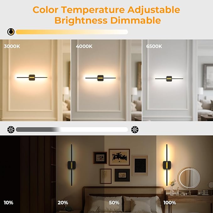 GvvooHome Battery Operated Wall Sconce Detachable 360°Rotate, Wireless Wall Lamp 3000-6500K Dimmable, 10000mAh Rechargeable Wall Light for Bedroom, Living Room，28.3" Black Gold 4 Pack