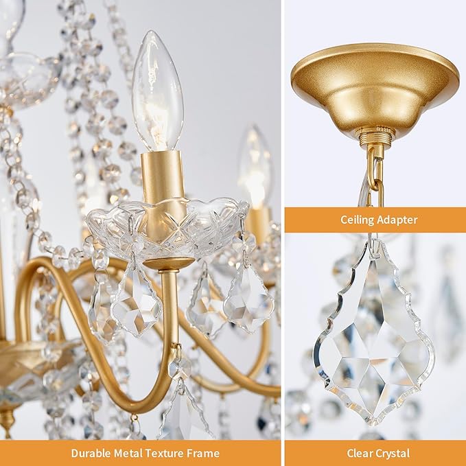 Gold Crystal Chandelier, 8-Light Crystal Chandeliers for Dining Room Light Fixture, Crystal Pendant Ceiling Light Modern Gold Lighting Fixture for Living Room Hallway Foyer Bedroom Kitchen Bathroom