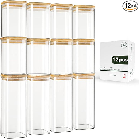 LIBWYS 12-Pack Square Glass Storage Jars with Bamboo Lids (0.6Qt/1.06Qt) - Stackable Food Containers for Pantry Organization, Coffee, Flour, Snacks, Tea | Kitchen Canisters Set