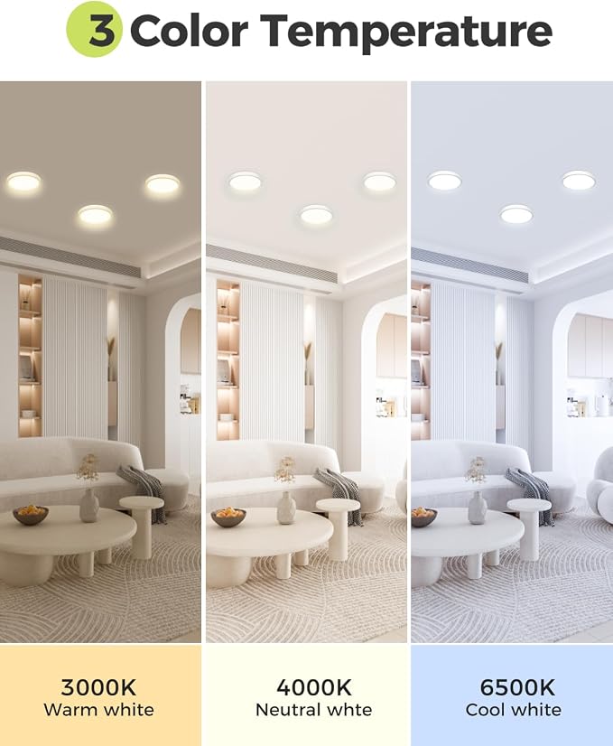 hepside 1Pack Dimmable Flush Mount Ceiling Light Fixture White, 3000/4000/6500K Ceiling Lamp, 7.5INCH 15W 1500LM Low Profile Light for Bedroom, Kitchen, Bathroom, Hallway