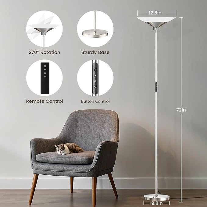 SIBRILLE Metallic Silver Torchiere Floor Lamp - 30W Dimmable LED Standing Lamp with Remote/Button Control, 1800Lm, 3000-6500K, 72in Tall Bright Pole Light for Living Room Bedroom Office Corner