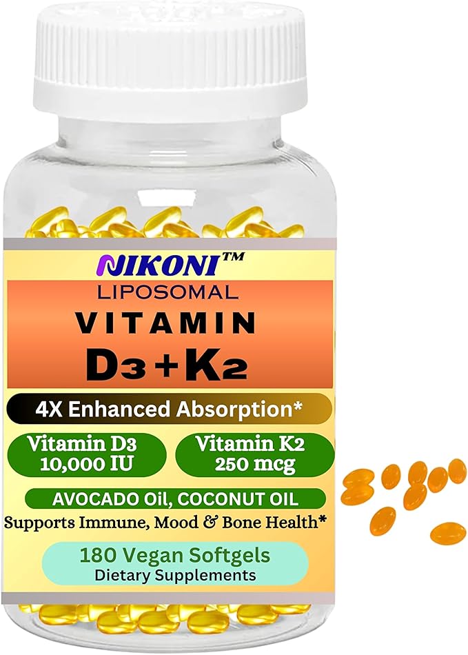 Nikoni Vitamine D3 Liposomale 10000 UI, Vitamine K2 (MK-7) 250 mcg, Infusée à l'Huile de Coco et d'Avocat, Facile à Avaler, Soutient l'Absorption du Calcium, la Santé des Os, 180 Gélules Molles Végétaliennes