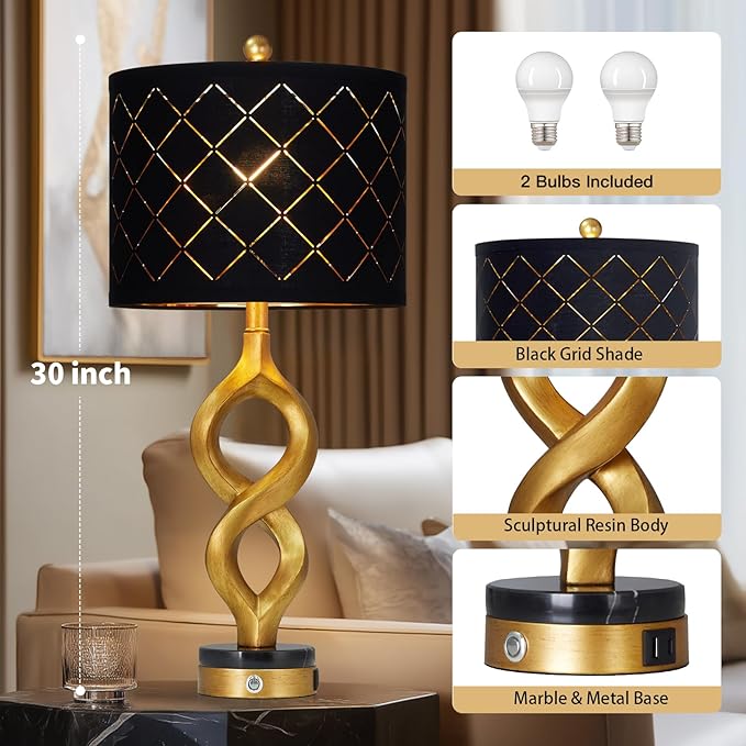 Cinyirong 30" Black and Gold Table Lamps Set of 2 for Bedroom, Modern Touch Control Bedside Lamps for Living Room, 3-Way Dimmable Sculptural Resin Nightstand Lamps with USB A+C Ports and 2 LED Bulbs