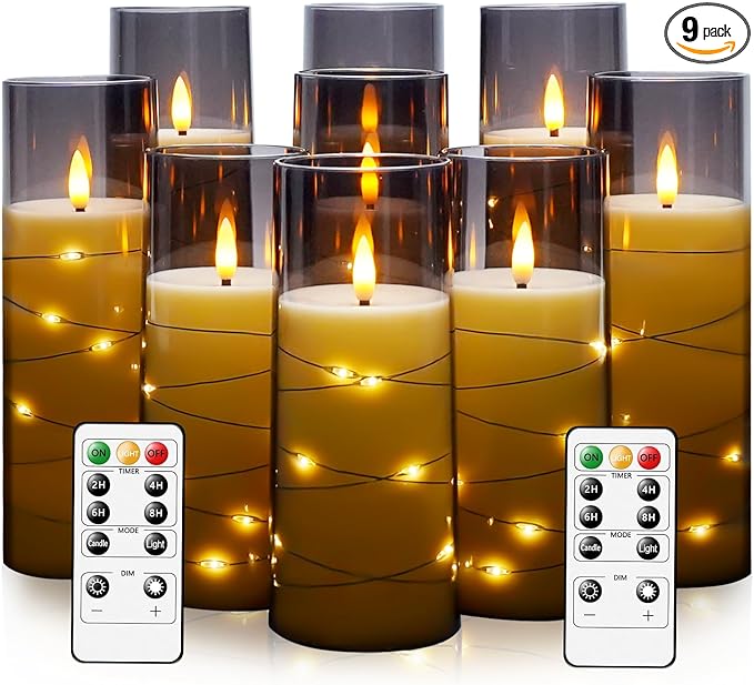 kakoya Flameless LED Candles with Timer 9 Pc Flickering Flameless Candles for Romantic Ambiance and Home Decoration Stable Acrylic Shell,with Embedded Star String，Battery Operated Candles（Grey）