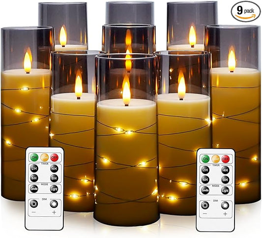 kakoya Flameless LED Candles with Timer 9 Pc Flickering Flameless Candles for Romantic Ambiance and Home Decoration Stable Acrylic Shell,with Embedded Star String，Battery Operated Candles（Grey）