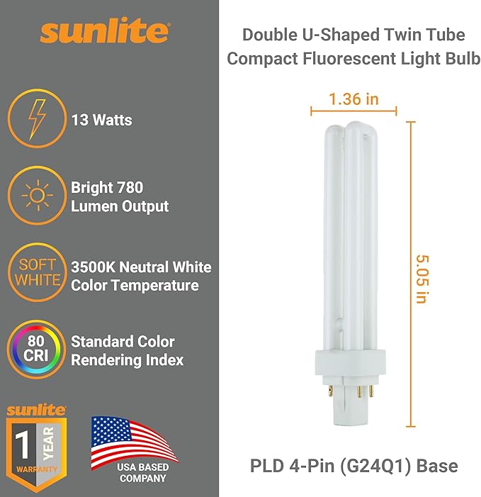 Sunlite PLD13/E/SP35K Compact Fluorescent PLD 4-Pin Double U-Shaped Twin Tube, 13 Watts, 120 Volts, 780 Lumens, 3500K Neutral White, 4-Pin G24q1 Base, 10 Pack