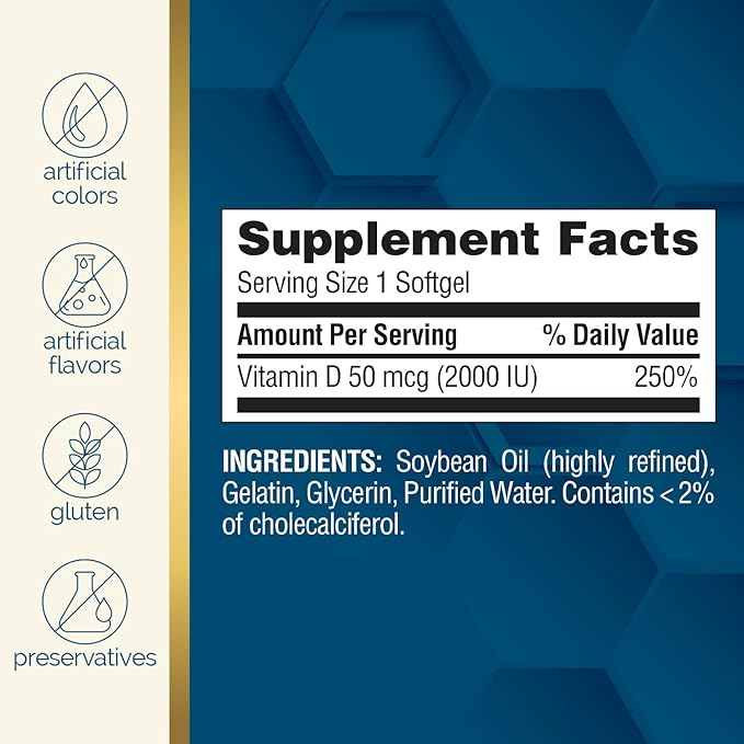 Nature's Wonder Vitamin D3 2000iu (50mcg), 1 Year Supply to Support Bone Health, Immune System, and Promotes Calcium Absorption, Gluten Free, 360 Softgels