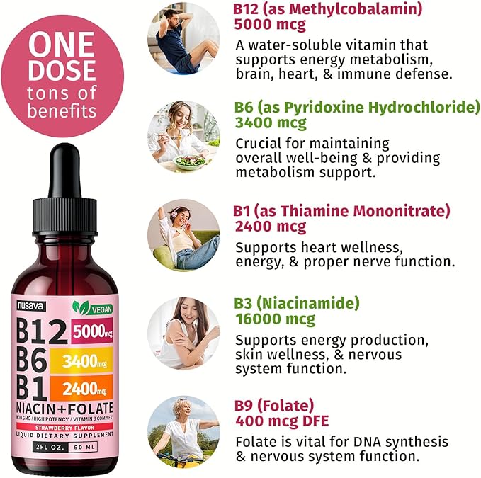(Lot de 4) Vitamines B12 et B6 liquides, complexe de vitamines B12 sublinguales - Vitamine B12 5000mcg - Méthylcobalamine B12 pour l'énergie, le cerveau et le soutien cardiaque avec 27 200 mcg, Fraise, 80 portions