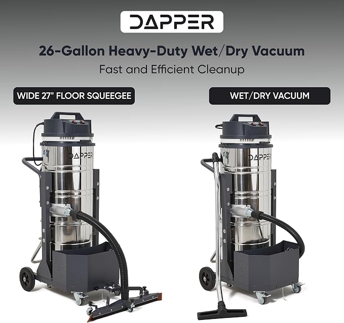 26.5 Gallon Heavy-Duty Industrial Wet/Dry Vacuum, Dual Motor, 3.3 HP, 222 CFM, 27" Squeegee, 120V/20A Plug, 2 Year Warranty - Ideal for Construction Sites, Warehouses & Industrial Cleanup