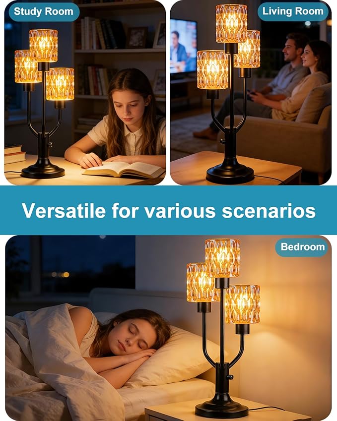 Mid Century Modern Table Lamp for Living Room Dimmable Nightstand Lamp Vintage Black Desk Lamp with Brown Glass 3 Bulbs Included Warmwhite Ambient Bedside Lamps for Bedroom Office Home Decor