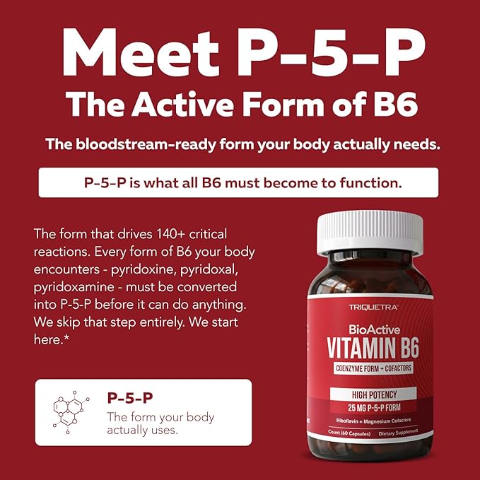 BioActive Vitamin B6 25mg Capsules - Active P-5-P Form for Mood, Energy & Cycle Support - Enhanced Absorption with Riboflavin & Magnesium - Clinical Strength, Non-GMO (60 Capsules - 2 month supply)