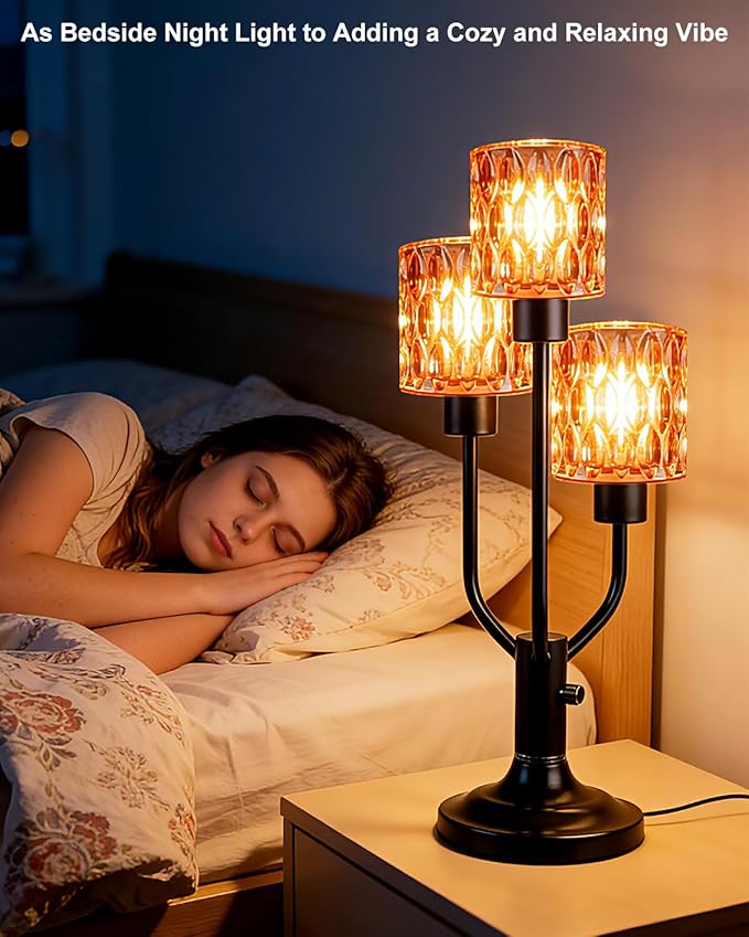Mid Century Modern Table Lamp for Living Room Dimmable Nightstand Lamp Black Vintage Desk Lamp with Red Glass 3 Bulbs Included Warmwhite Ambient Bedside Lamps for Bedroom Office Home Decor