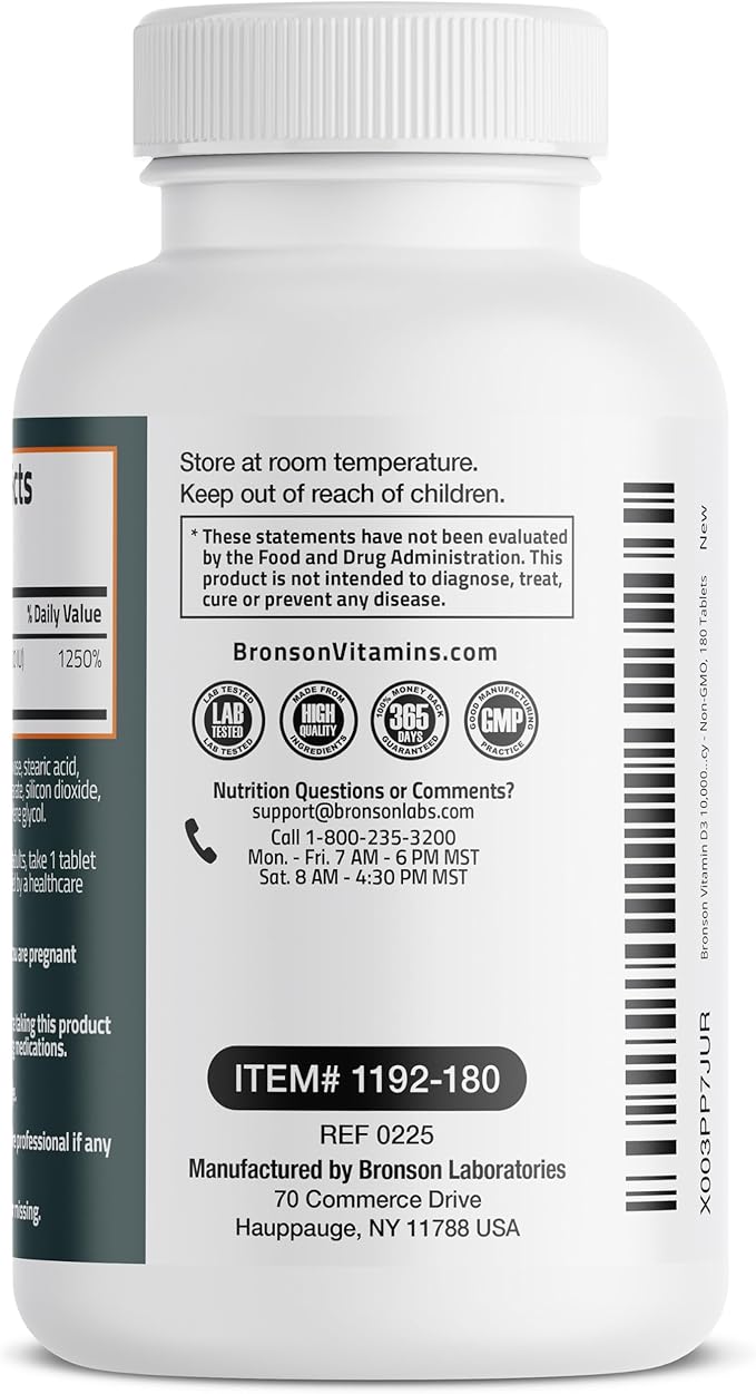 Bronson ビタミンD3 10,000 IU (250 MCG) 健やかな筋肉機能と免疫をサポート、非遺伝子組み換え、180粒