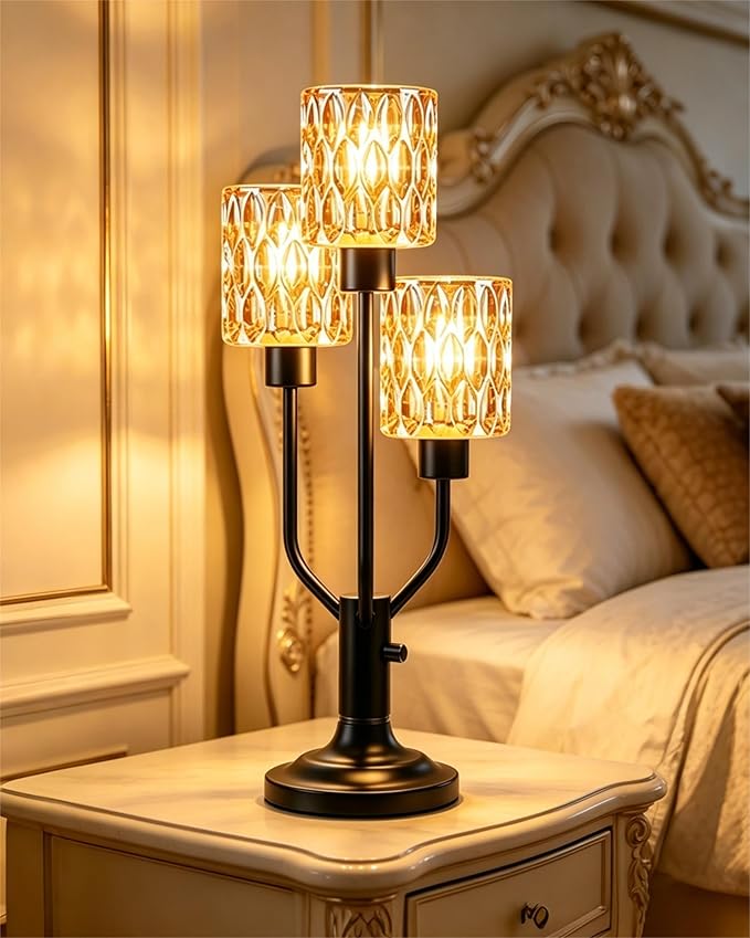 Mid Century Modern Table Lamp for Living Room Dimmable Nightstand Lamp Vintage Black Desk Lamp with Brown Glass 3 Bulbs Included Warmwhite Ambient Bedside Lamps for Bedroom Office Home Decor