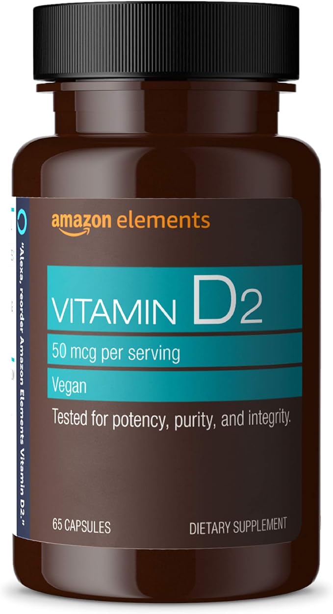 Amazon Elements ビタミンD2 2000 IU、ヴィーガン、65カプセル、丈夫な骨と免疫システムの健康をサポート、2か月分 (パッケージは異なる場合があります)