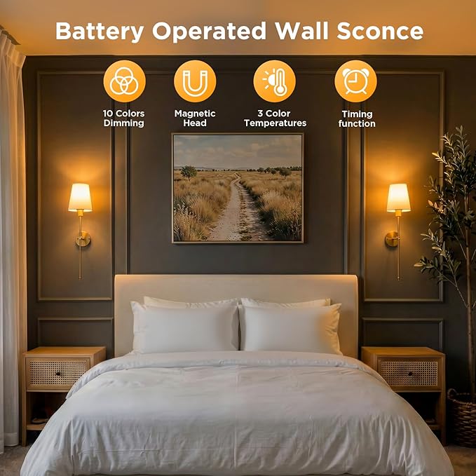 Brightown Battery Operated Wall Sconces Set of Two, RGBWW Wireless Rechargeable Wall Lights with Dimmable Magnetic Bulbs and Remote, Gold Wall Lamp for Living Room Bedroom Hallway Decor