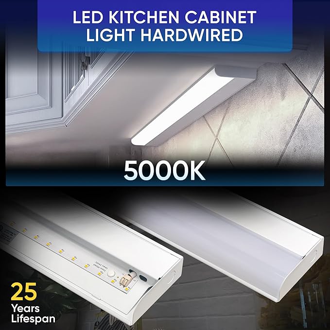 Hardwired LED Under Cabinet Task Lighting - 16 Watt, 24", Dimmable, CRI>90, 5000K (Day Light), Wide Body, Long Lasting Metal Base with Frost Lens Under Counter Light for Kitchen