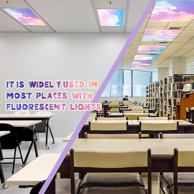 Amylove 4 Pcs Fluorescent Light Covers Classroom Ceiling Panels Light Filters with Backlit Film Material for Office School, 4 x 2 Feet(Fancy Color,Colored Clouds)