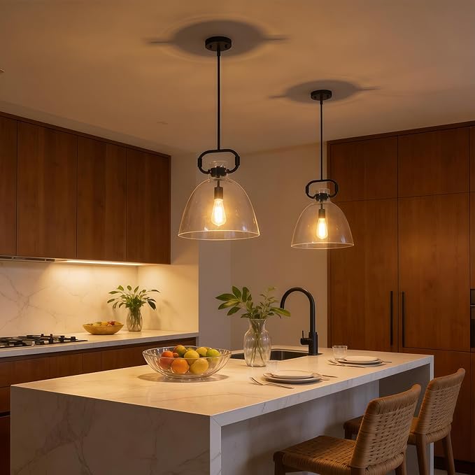 14'' Glass Pendant Light Fixture, 1-Light Modern Large Pendant Lights Kitchen Island, Adjustable Cord Farmhouses Black Island Lighting for Kitchen Bedroom Dining Room, E26