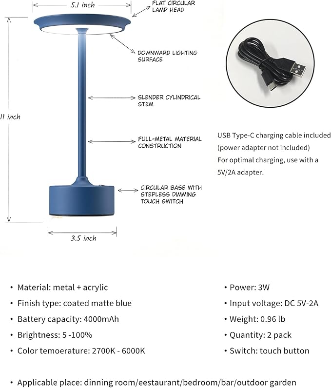 PUSU Rechargeable Table Lamps Set of 2, Blue Cordless LED 4000mAh Battery Desk Lamp, Stepless Dimming & 3 Color 2700K-6000K, Portable Lamp for Bedroom, Living Room, Restaurant, Outdoor, Night Light