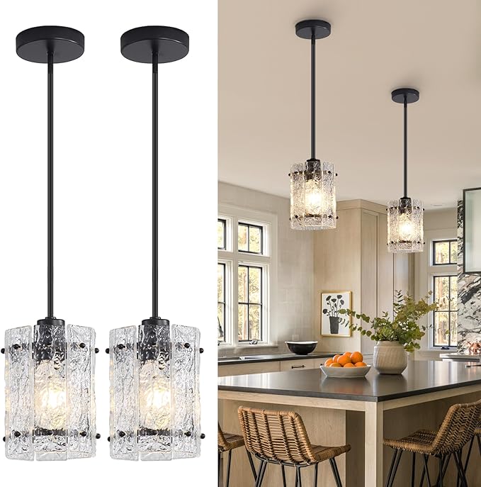 Black Glass Pendant Lights Kitchen Island, Water Ripple Round Pendant Lights Adjustable Modern Hanging Pendant Light Fixtures for Kitchen Island Dining Room Above Sink Foyer Entryway 2 Pack