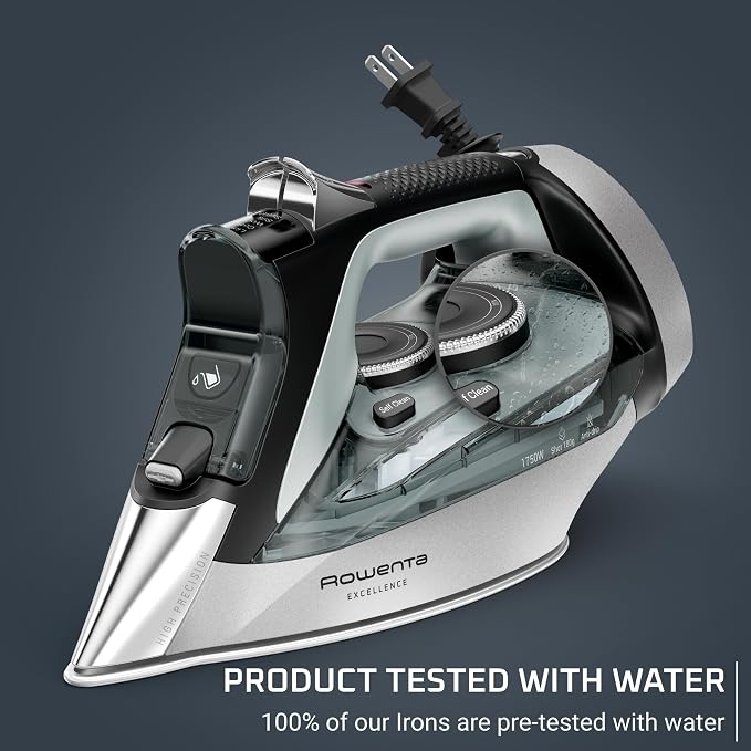 Rowenta Iron, Focus Excellence Stainless Steel Soleplate Steam Iron for Clothes, Retractable Cord, 400+ Microsteam Holes, Powerful steam, LED Display, 1750 W Ironing Clothes, Cordreel, Green DW5432