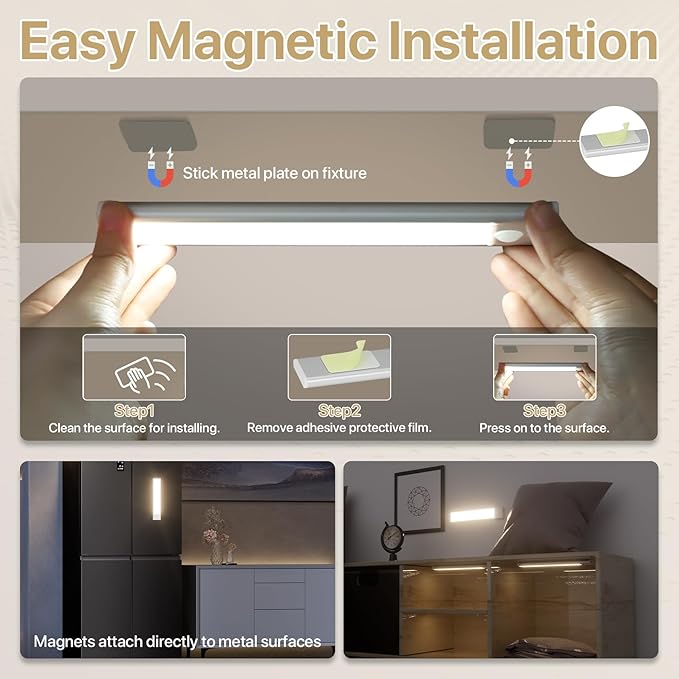 ORALUCE Under Cabinet Lighting Rechargeable Magnetic, 8inch LED Motion Sensor Light Indoor Battery Operated 3 Color Dimmable, Wireless Closet Lights for Kitchen Counter Stairs, 4 Pack